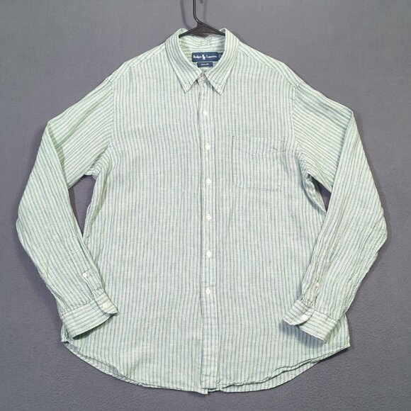 Ralph Lauren Shirt Men's XL Green Striped Linen Custom Fit Long Sleeve Button Up - Picture 2 of 10